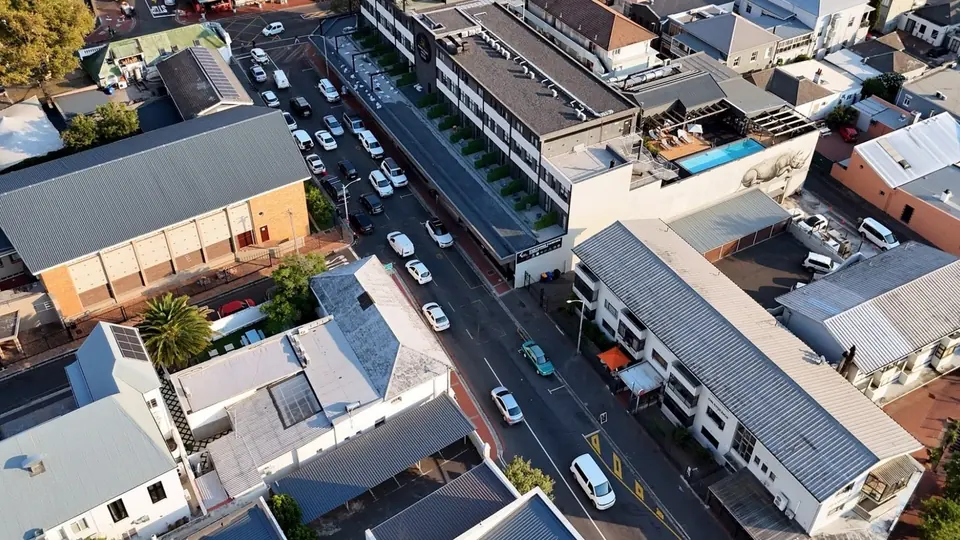 Kloof Street Village today, from the air: the Kloof Street Hotel with added floors and a rooftop pool