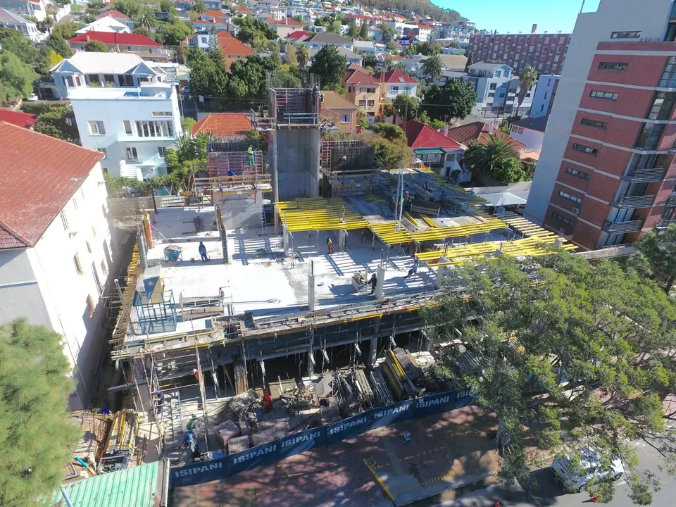 The Warwick under construction in Green Point, Cape Town, seen from a drone